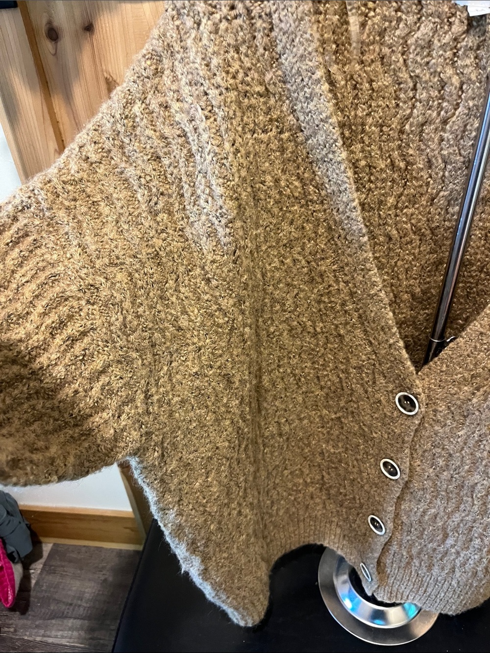 POL Taupe Textured V‑Neck Cardigan with Front Buttons - Picture 3 of 10